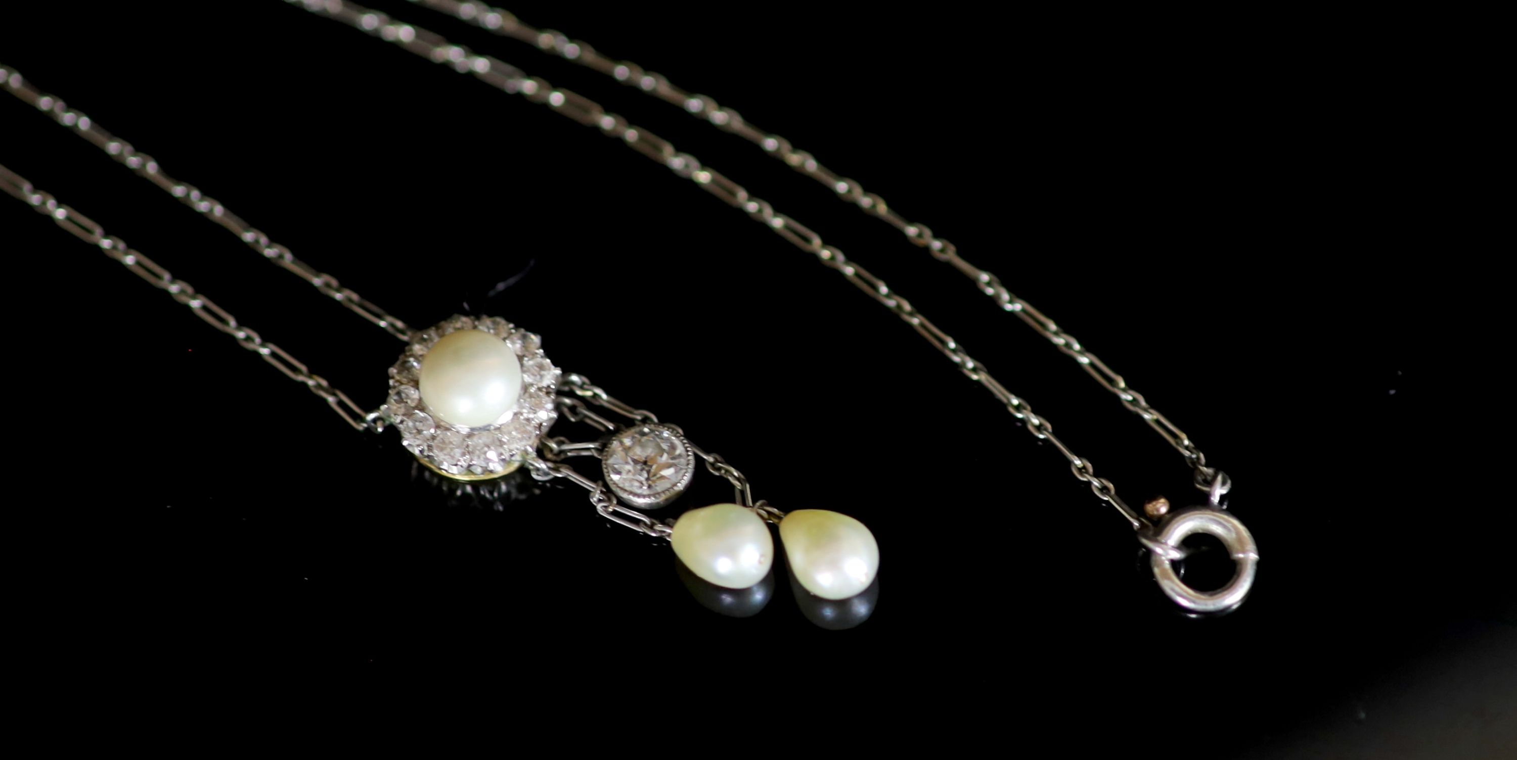 A late Victorian gold and platinum, diamond and pearl set drop pendant necklace